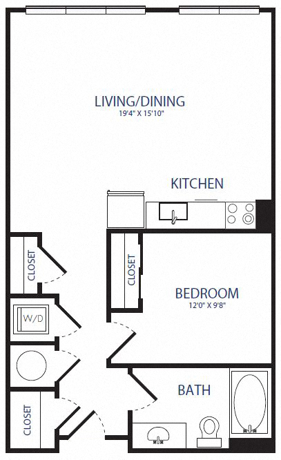 Floor plan for studio, 1 bath, 655 sqft